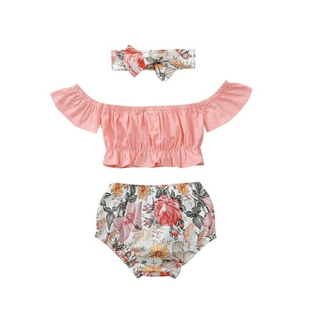 

Kiplyki Baby Deals Set Toddler Summer Girl One-shoulder Floral Top Romper Shorts Headdress Suit