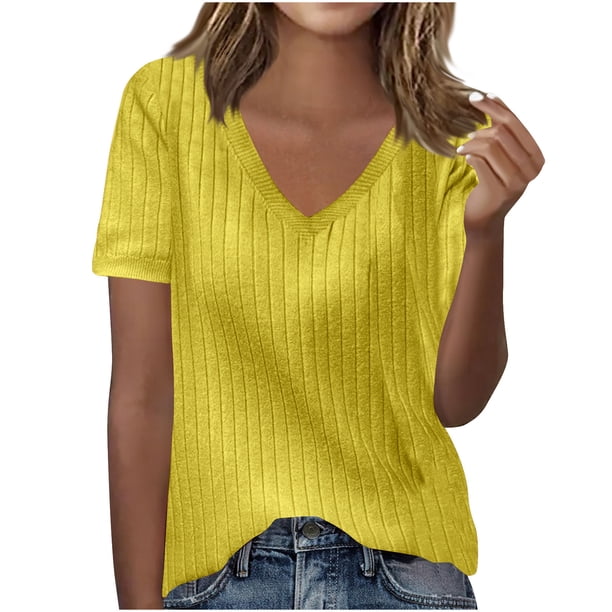 Camisas de Manga Larga Casual de las Mujeres Color Sólido Nuevo Cuello en V Tira Suelta Cepillada Camisa de Manga Corta