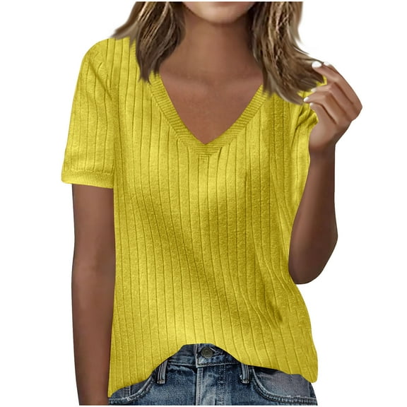 AherBiu Summer Tops for Women Ribble Knitted V Neck Short Sleeve Slim Fitted Sweater Pullover Tops