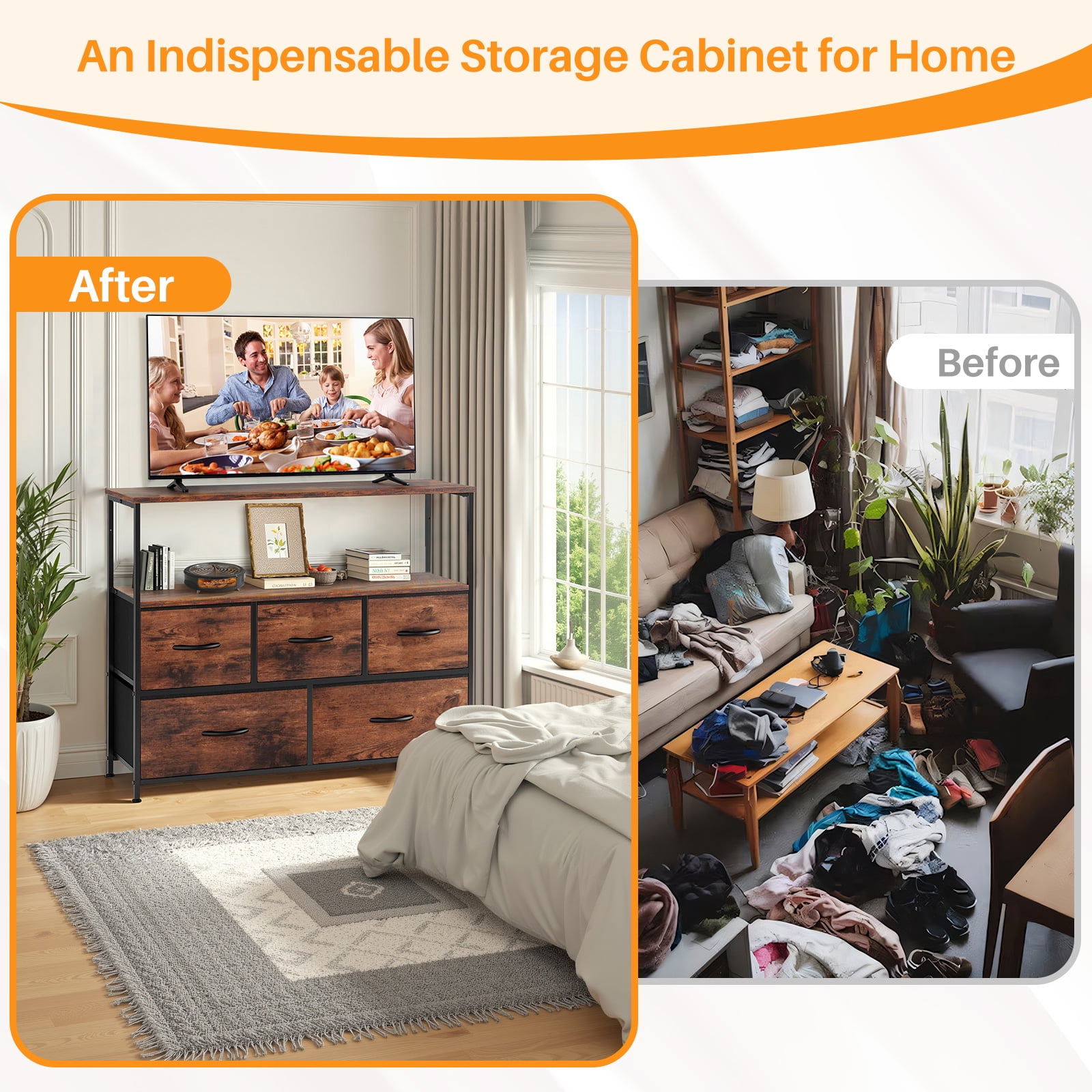 Atilioo 5 Drawer Dresser, Fabric Storage Chest with TV Stand, Open Shelf, Adjustable Feet, Bedroom or Living Room, Brown