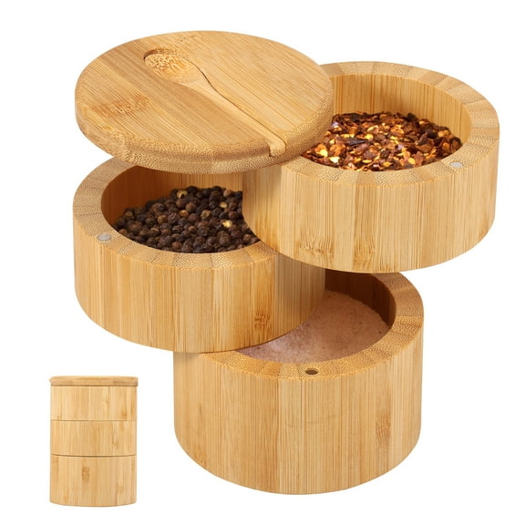 Wekvgz Salt Cellar with Magnetic Lid and Spoon 3 Tier Bamboo Salt Box Large Capacity Salt Container Multipurpose Spice Cellar for Sea Salt Coffee Seasoning Storage