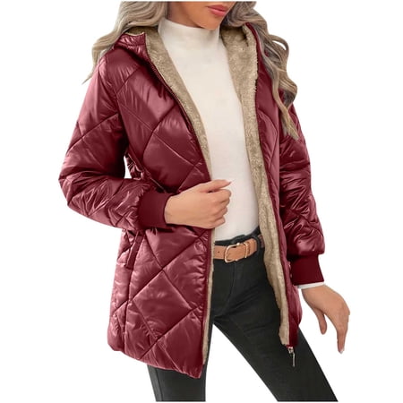 HAiming Winter Hooded Jacket for Women Fleece Lined Quilted Casual Long Sleeve Warm Comfy Coat Outerwear