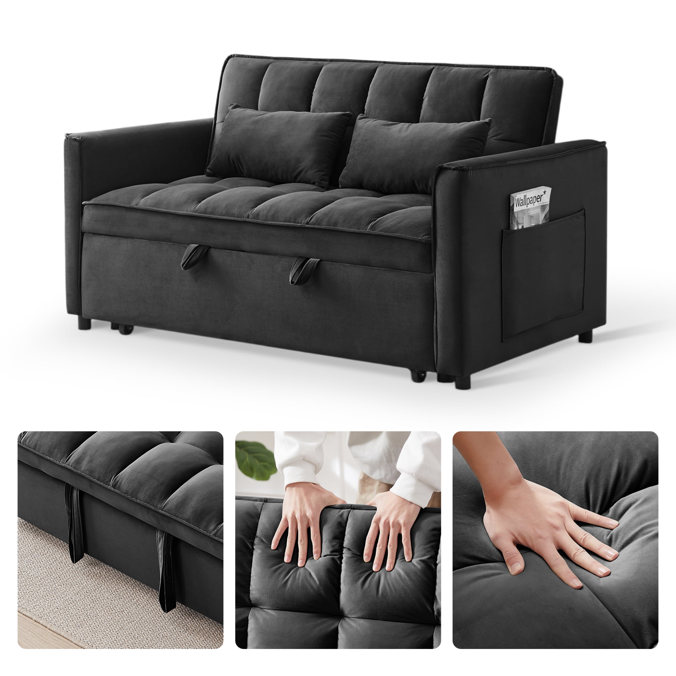 Vinform 55" 3 in 1 Convertible Sleeper Sofa Bed, Pull Out Loveseat Couch with Storage Pocket, Black(Thick Sponge)