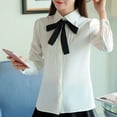 thumbnail image 4 of Women Ivory White Blouses Bow Tie Baby Collar Tops Long Sleeve OL Chiffon Button Down Shirt, 4 of 7