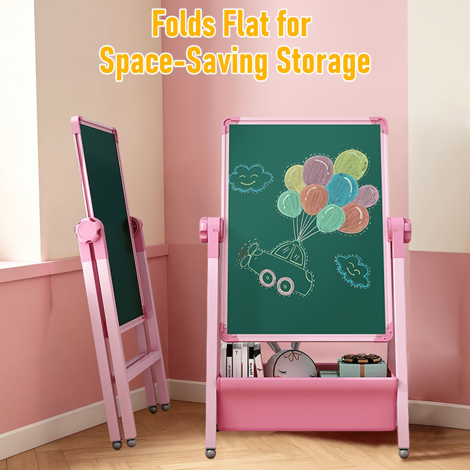 Art Easel for Kids, Double Sided Magnetic Kids Easel, Adjustable 360°Rotating Whiteboard & Chalkboard for Boys and Girls, Pink
