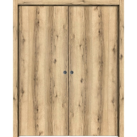Sliding French Double Pocket Doors 48 x 80 inches | Planum 0010 Oak | Kit Trims Rail Hardware | Solid Wood Interior Bedroom Sturdy Doors
