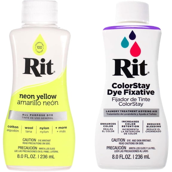 Rit Dye – 8 Oz. Liquid Fabric Dye for Clothing, Décor, and Crafts – Neon Yellow with Color Fixative