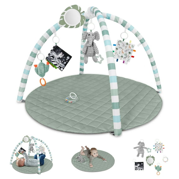 Blissful Diary Baby Play Gym Mat, Tummy Time Mat with 6 Detachable Toys for Stage-Based Sensory & Motor Skill Development, Baby Activity Mat Easy to Install & Clean, Baby Essentials Gift, Sage Green