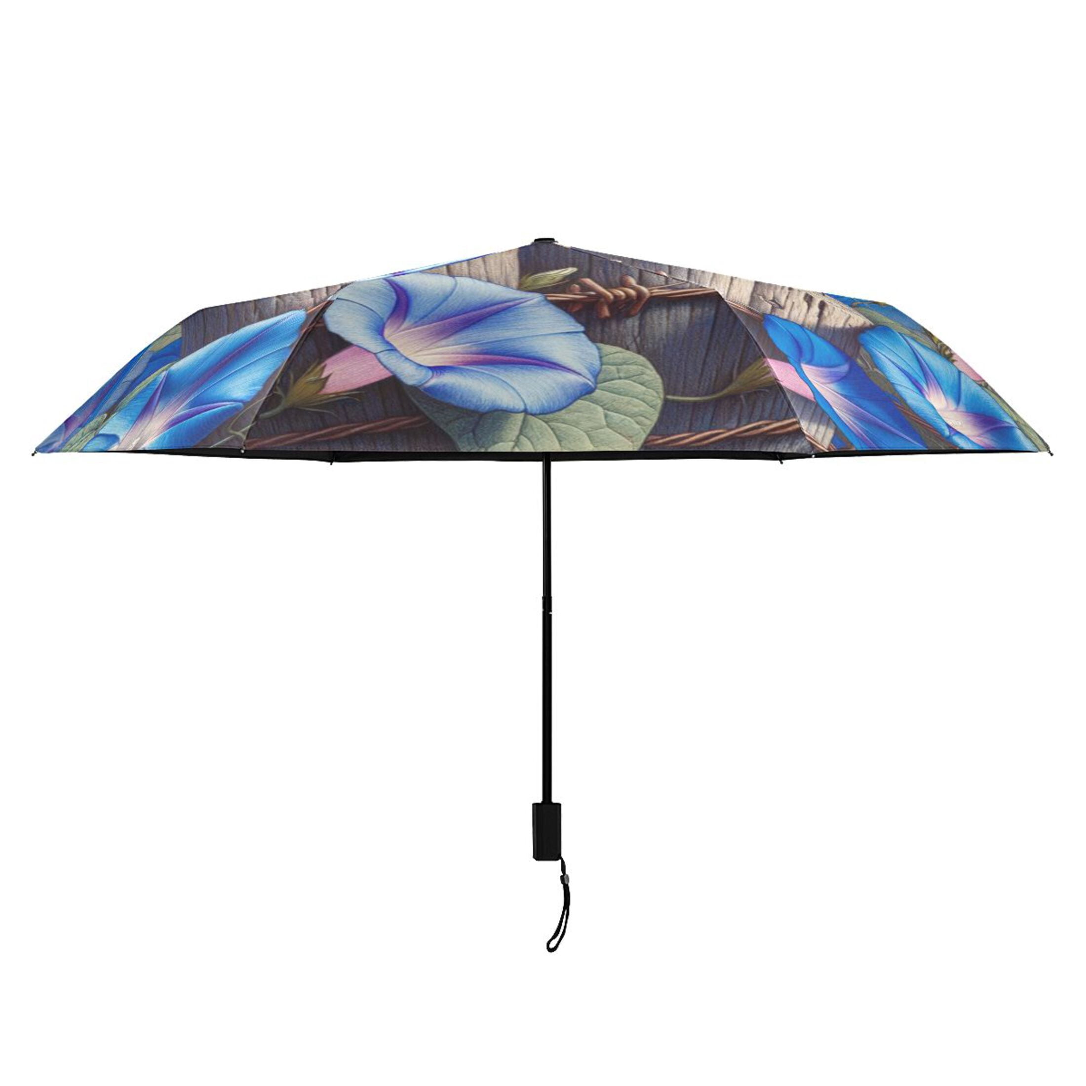 Compact Sun Umbrella Windproof Travel Umbrellas for Rain Strong Portable UV Protection Bluebirds on Wooden Fence and Flower