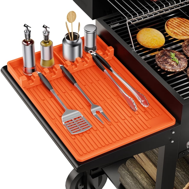 Silicone Griddle Tools Mat, Grill Mat for Outdoor BBQ with Seasoning Jar Holder & Side Shelf Pad – Tool Rest & Kitchen Aid Accessory