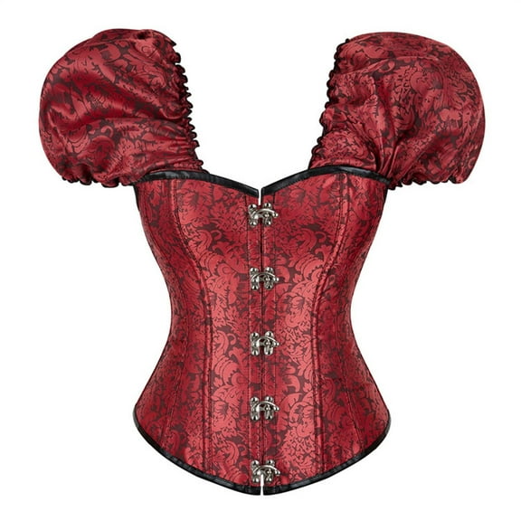 Women's Satin/Brocade Waist Cincher Lace up Boned Basque Corset Bustier Top Red S
