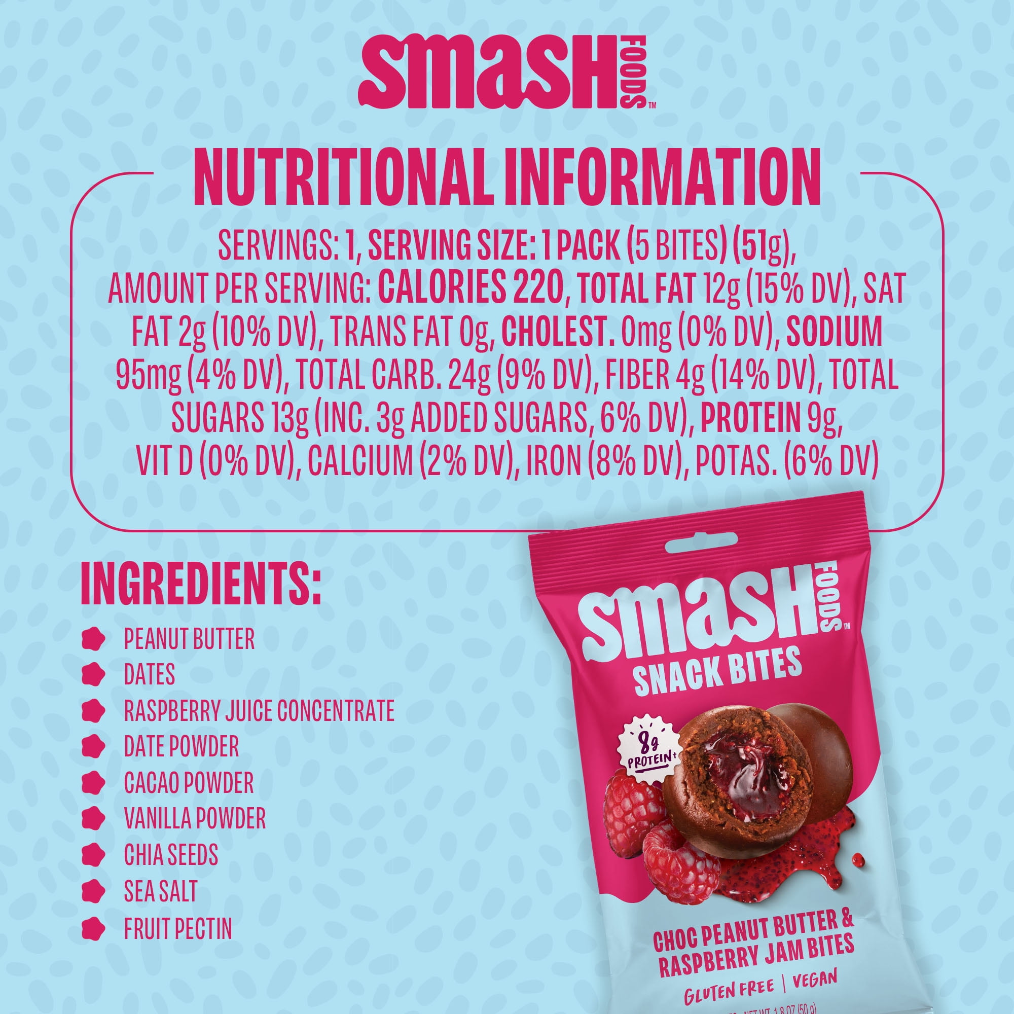 Smash Foods Gluten-Free Vegan Snack Bites (Raspberry), Protein & Energy, 8-Pack