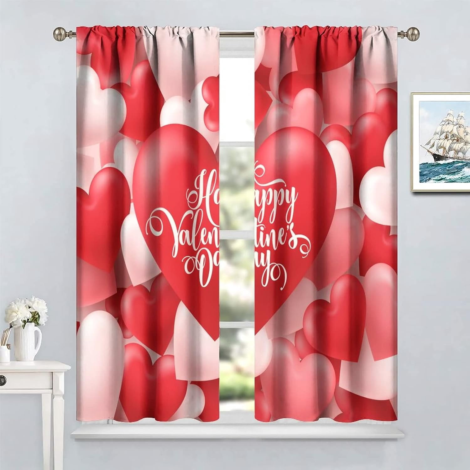 Valentines Day Blackout Window Curtains, Romantic Red and White Heart Shaped Balloons Blackout Windows Door Curtain for Bedroom Living Room Home Decor 84x84in