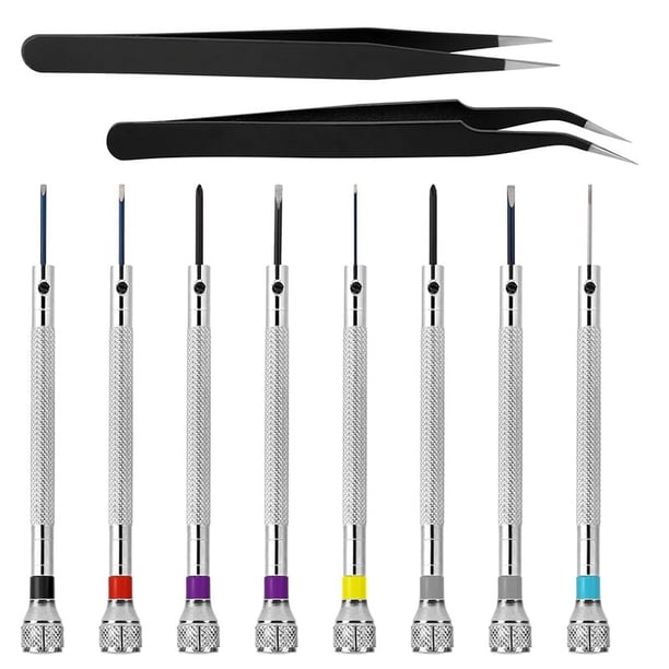 Juego de 8 Mini Destornilladores de PrecisióN para Relojes con Dos Pinzas Adicionales para Relojes, Gafas, Trabajos ElectróNicos, ReparacióN de Joyas