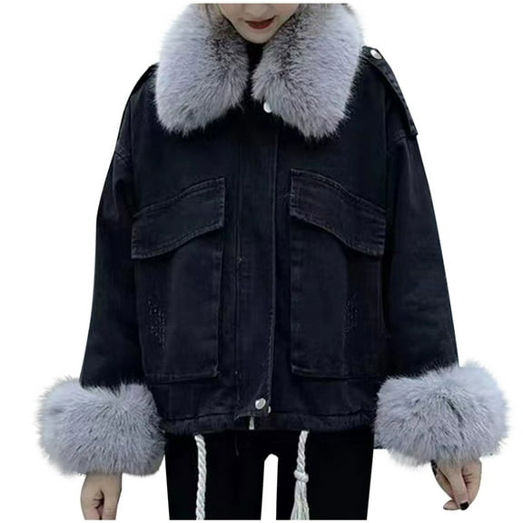Viikei Womens Denim Jackets Plus Size Denim Jackets for Women Clearance Casual Short Pockets Long Sleeve Thickened Plush Jacket Coat