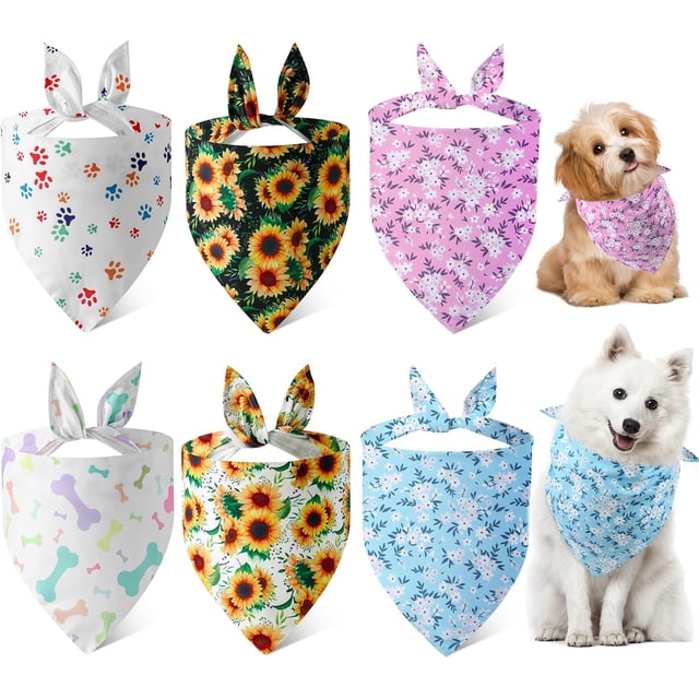 6PCS Pañuelos de Verano para Perro, Pañuelos Florales Suaves para Perros, Patrón de Pata y Hueso de Perro, Bandana Triangular Ajustable, Accesorios para Pañuelos de Pequeños, Medianos y Grande