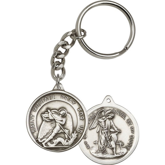 Antique Silver-Plated St. Michael the Archangel Keychain 1 3/8 x 1 1/4 inches