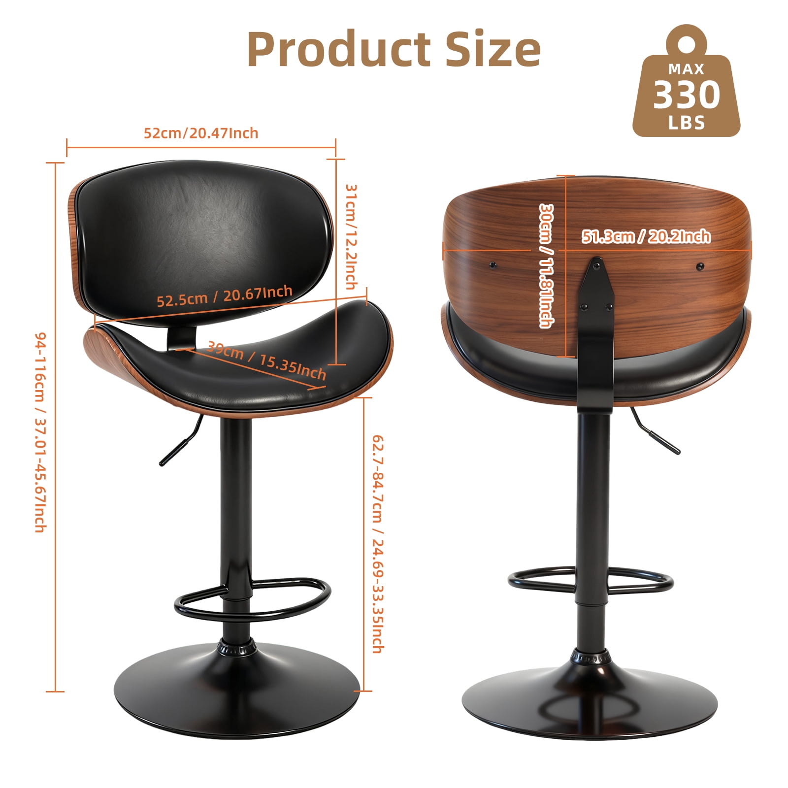 Swivel Bar Stools Set of 2 Adjustable Counter Barstools ,PU Leather Bentwood Stools Chairs with Footrest for Kitchen Island, Dining Room, Home Bar, Black