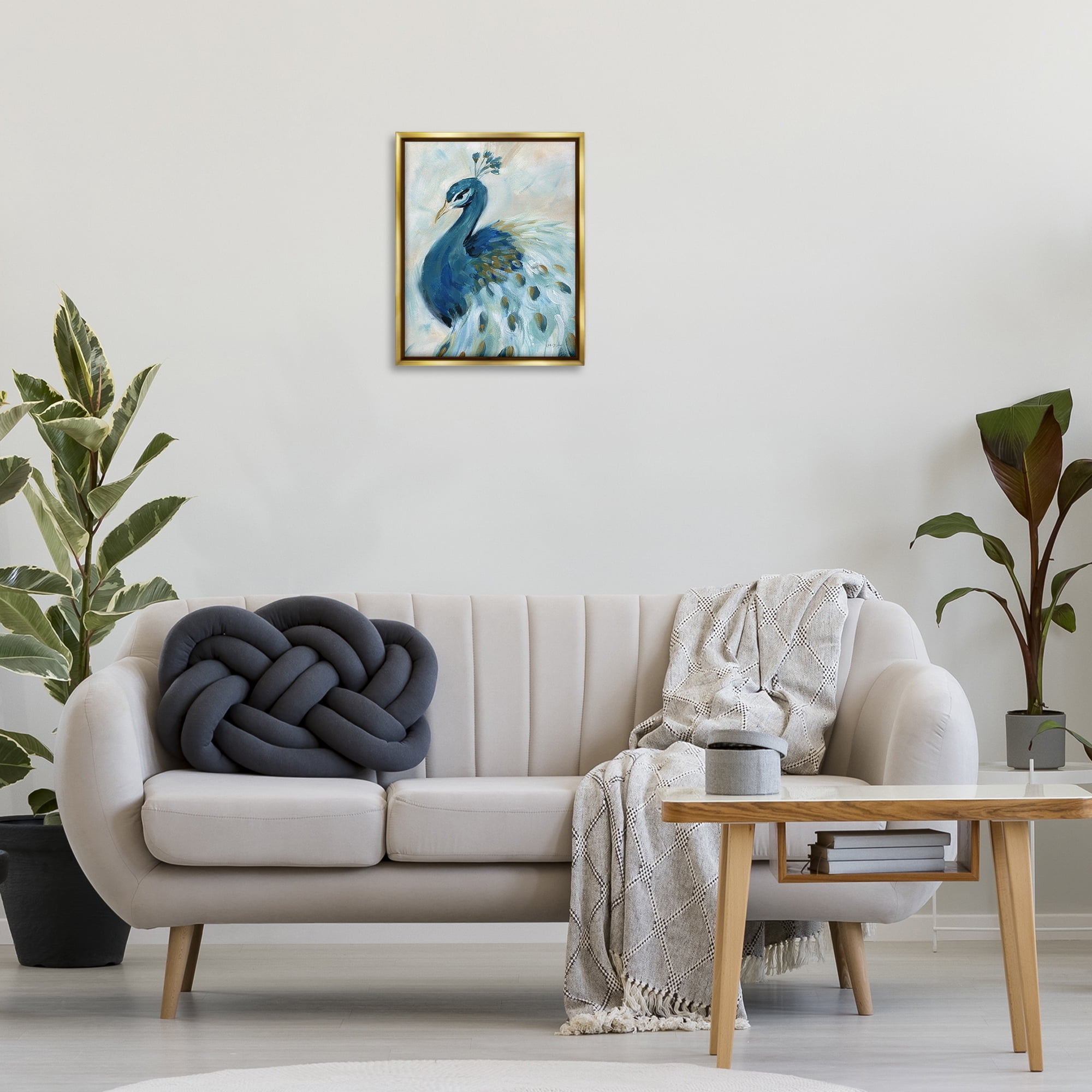 Stupell Industries Elegant Blue Peacock Animals & Insects Painting Gold Floater Framed Canvas Art Print Wall Art, 17 x 21