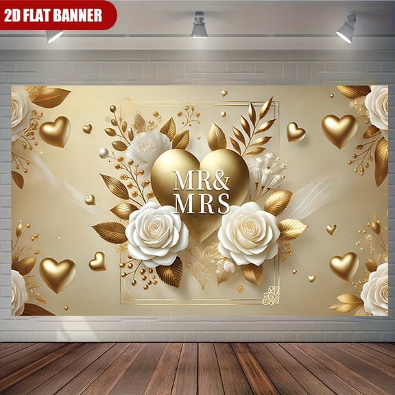 Mr and Mrs Floral Backdrop White Rose Bridal Shower Photography Background Golden Glitter Heart Leaves Couple Wedding Bride to Be Engagement Party Decorations Banner Photo Booth Props