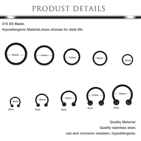 16G Stainless Steel Hinged Clicker Segment Septum Rings Horseshoe Earring Nose Lip Ring Hoop Cartilage Tragus Daith Helix Sleeper Earrings Body Piercing Jewelry 8mm-16mm 20pcs,16g,black