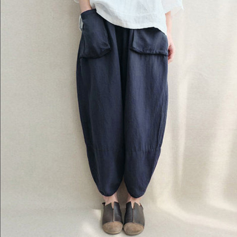 Women Casual Pants Loose Harem Trousers Solid Chic Spring Retro Linen Wide Leg