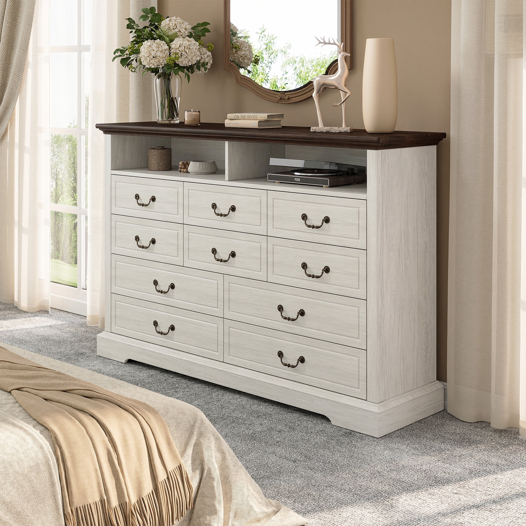 EnHomee Wood 10 Drawers Dresser with LED Lights&Charging Station Wood Dressers for Bedroom,White