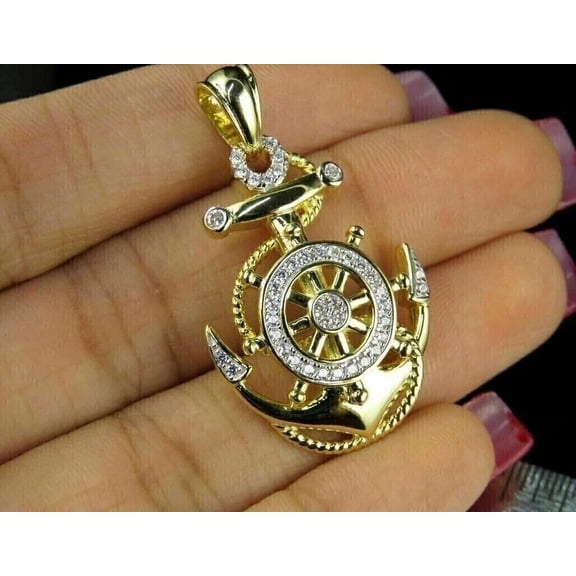 1.50 Ct Round Cut Real Moissanite Men's Anchor Charm Pendant 14k Yellow Gold Plated