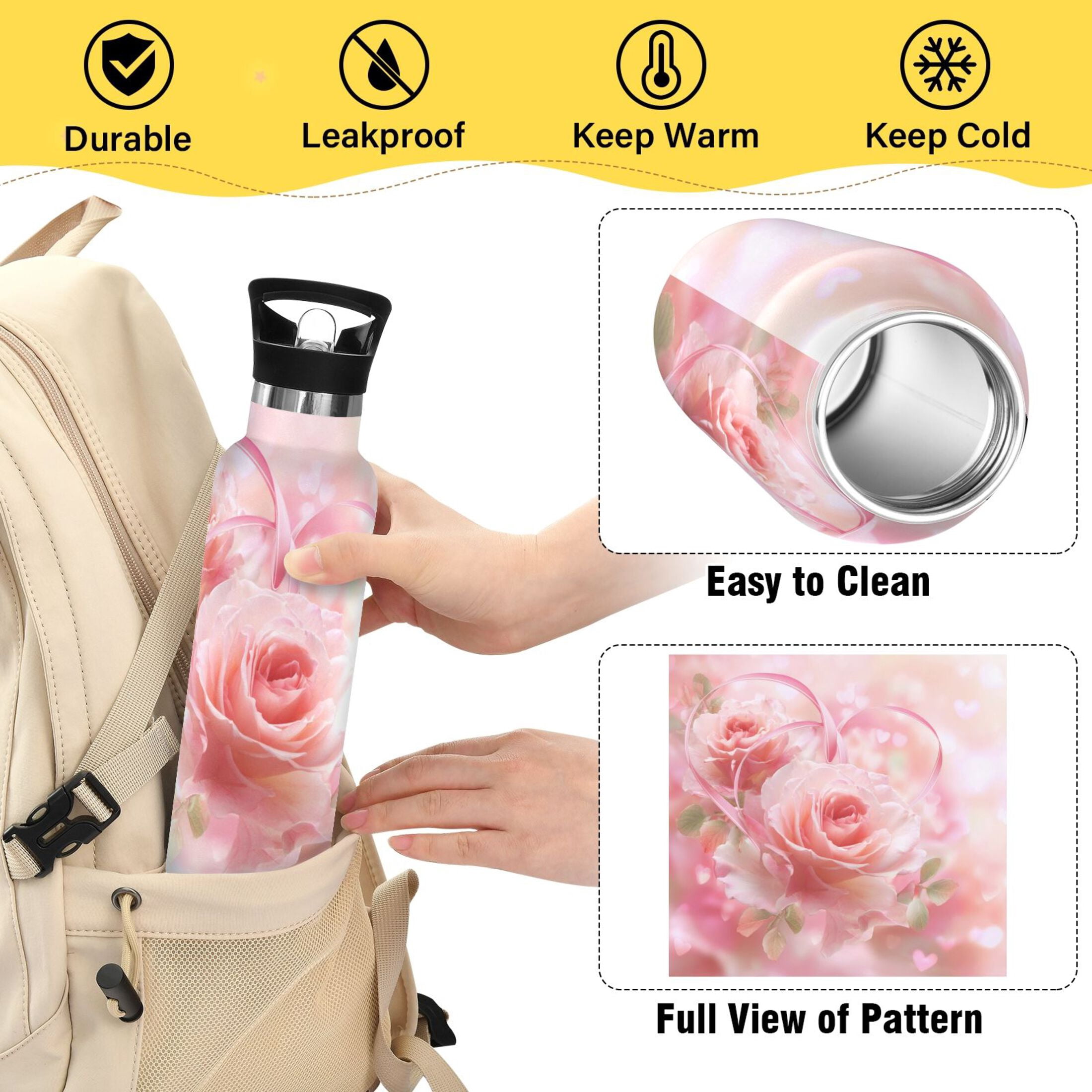 Kids Insulated Stainless Steel Sports Water Bottle 600ml Pink Roses and Ribbons