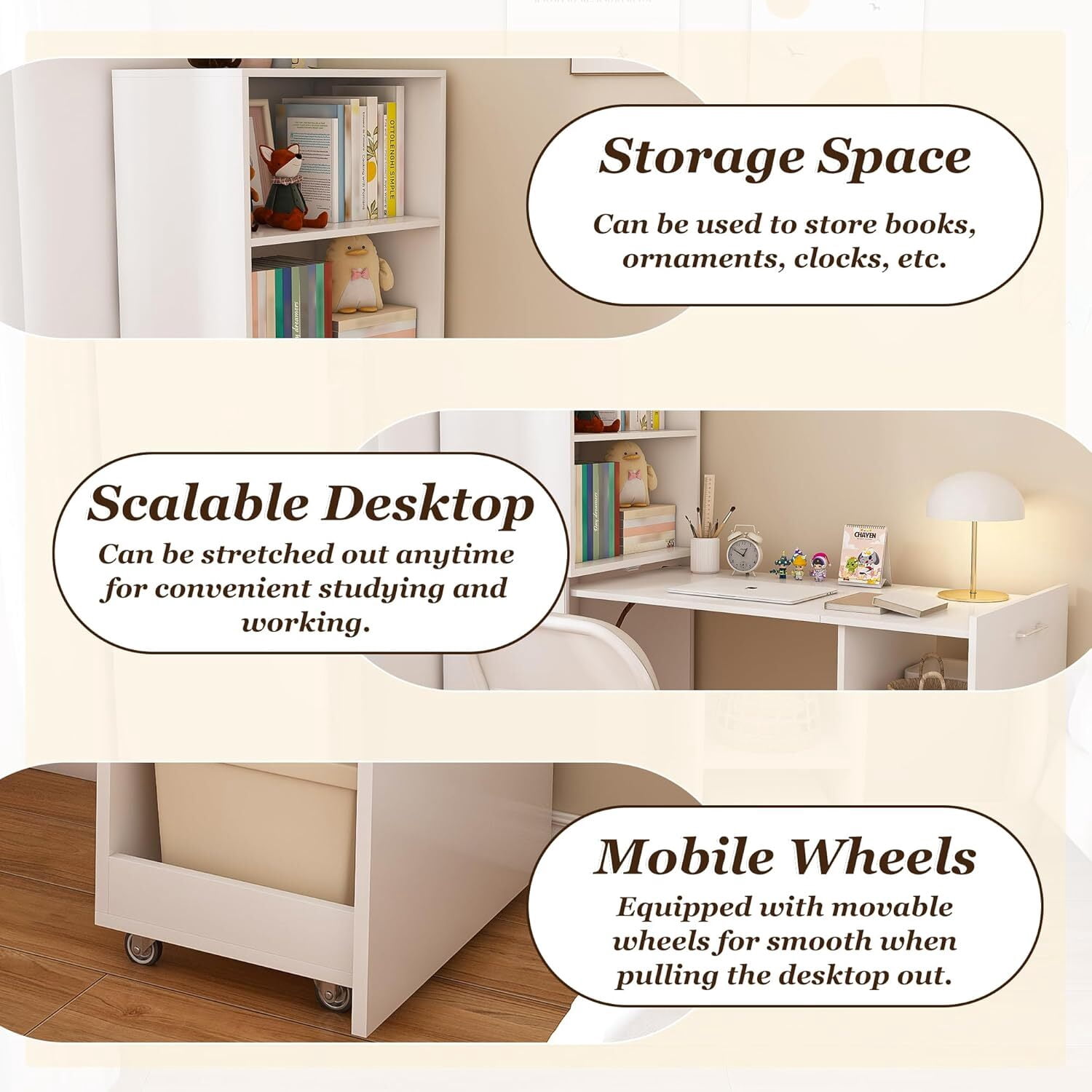 Montary Mobile L-Shaped Desk with Shelves & Wheels, Foldable & Expandable Office Desk for Small Spaces (White)