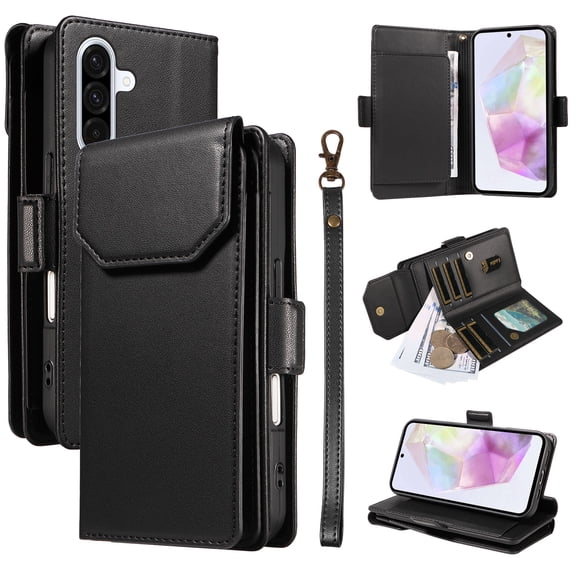 Allytechgroup Wallet Case for Samsung Galaxy A16 5G with Lanyard, Faux Leather Magnetic Closure Shockproof TPU Shell with Credit Card & Cash Slots RFID Blocking Bumper for Women Girls, Black