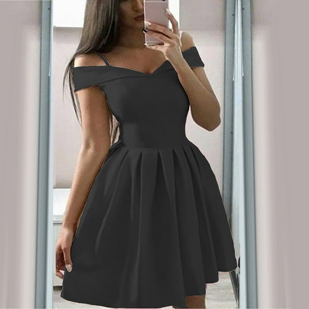 Summer Dresses for Women 2023 Casual Sleeveless Off-The-Shoulder Dress  Solid Color Pleated Homecoming Dress Beachwear Mid-Calf Length dress,Black,3XL  - Walmart Business Supplies