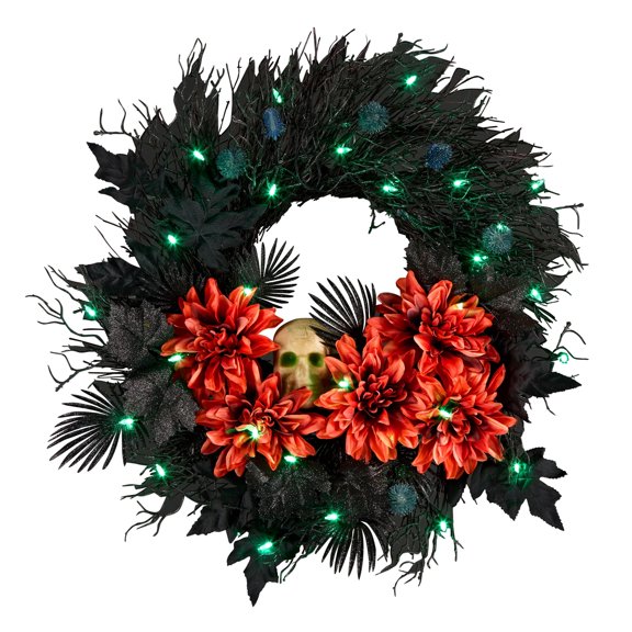 24 in. Artificial Boo-tiful Halloween Wreath with Orange Florals, White Skull, 30 Green LED Lights