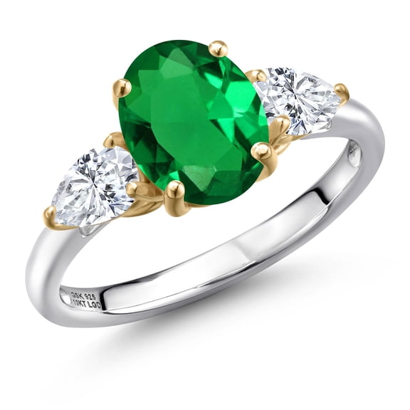 Gem Stone King 925 Silver and 10K Yellow Gold Green Nano Emerald and White Moissanite Engagement Ring for Women | 2.30 Cttw | Oval 9X7MM | Gemstone May Birthstone | Size 8