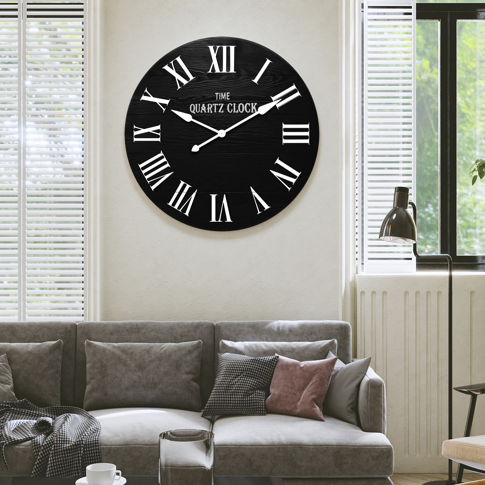 HLR 35.5” Farmhouse Large Shiplap Round Wall Clock with Roman Numeral for Living Room Decor, Black