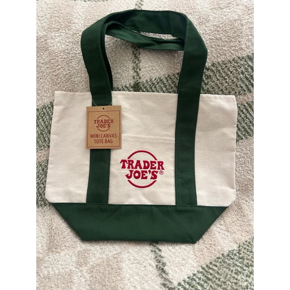NWT Trader Joes Mini Canvas Tote Bag Green New 13”x 10” (BONUS 1 FUN CHOPS)