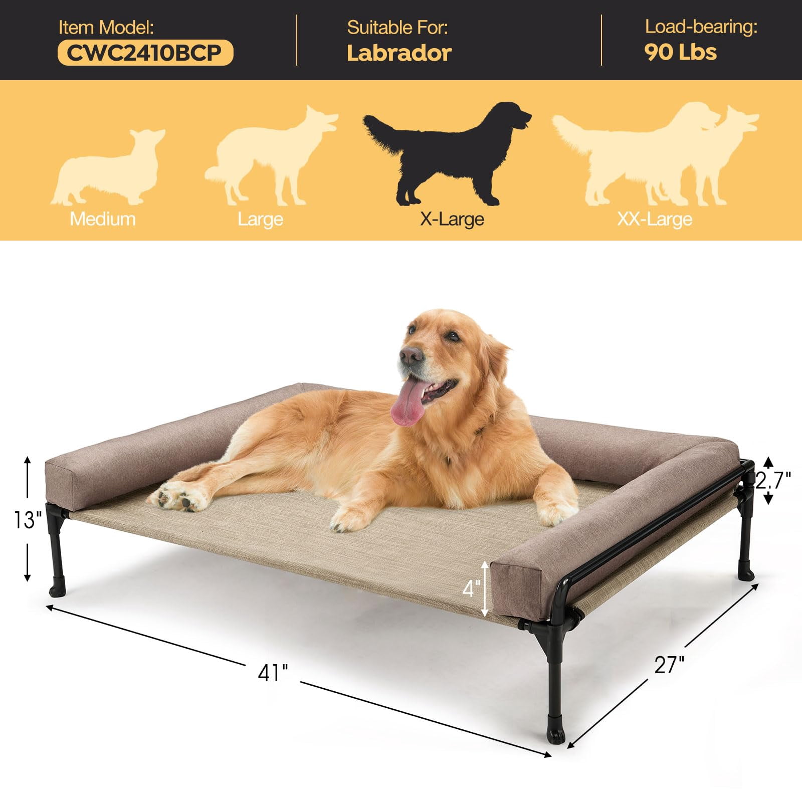 Elevated Raised Dog Bed-cooling Outdoor Bed For Large Sized Dogs Three-sided Fence Pet With Mesh & No-slip Feet Hammock Removable Bolster-41 X 27" Beige Coffee
