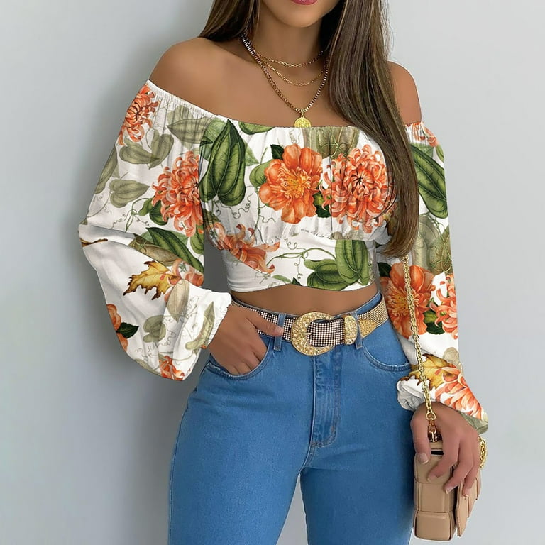 HTNBO Cute Crop Tops for Women Summer Fall Trends Lattern Long Sleeve  Floral Casual Cami Shirts