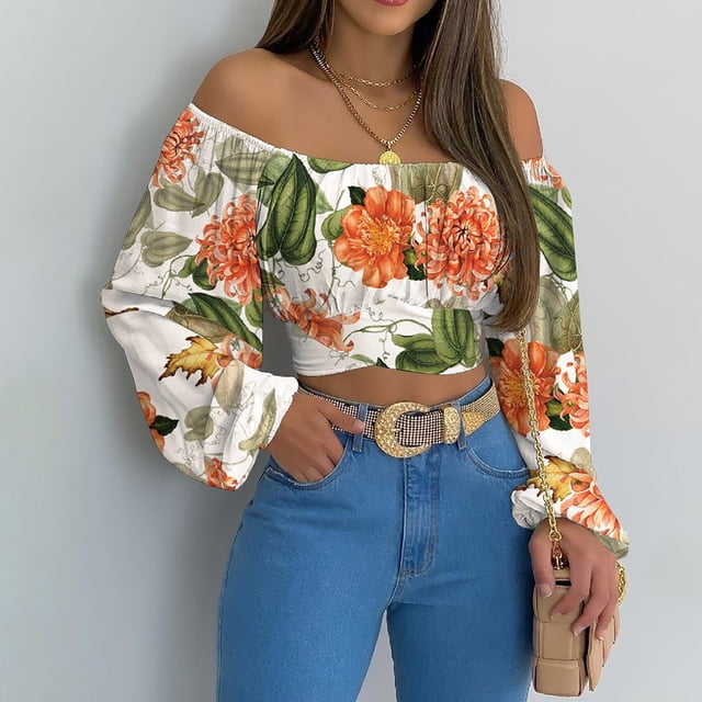 DPTALR Woman's Strapless Long Sleeve Print Off Shoulder Ruched Lantern Sleeve Crop Tops