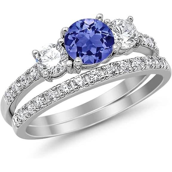 Gems Jewels 925 Sterling Silver 2.00 Ct Round Cut Blue Tanzanite Christmas Thanksgiving Engagement Wedding Bridal Ring Set 14K White Gold Plated For Women's -4.5