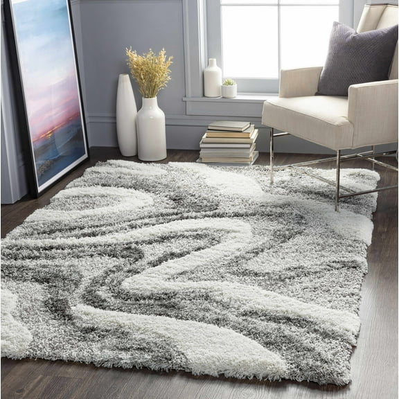 Hauteloom Asfordby Living Room, Bedroom Area Rug - Contemporary - Plush Pile - Charcoal, Off White, Light Gray - 18" Sample