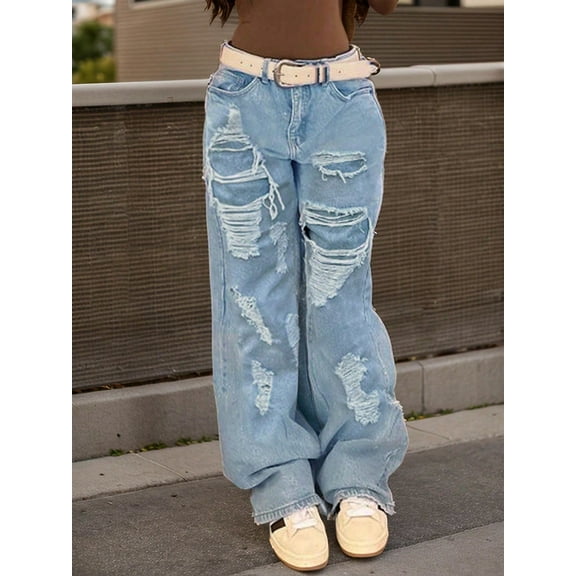 Women's High - Waisted Distressed Wide - Leg Jeans Loose Fit Y2K Streetwear Trend Edgy Casual Cotton Denim Heavy Ripped Frayed Design Light Blue Wash Edgy Casual Pants
