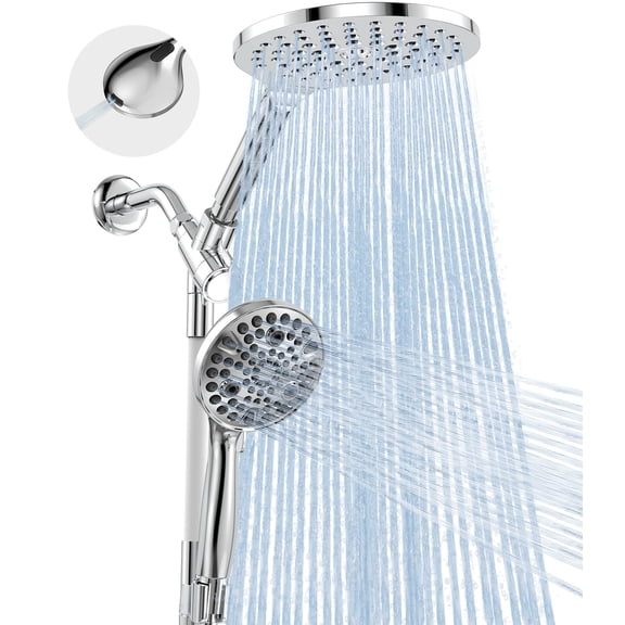 Dual Handheld Shower Head Combo, 2-in-1 Rain Shower Heads System 8 Inch,10 Modes,Showerhead with Built-in Power Wash