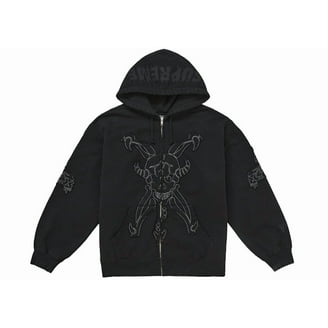 Supreme Men's Leather Applique Zip Up Hooded Sweatshirt Black