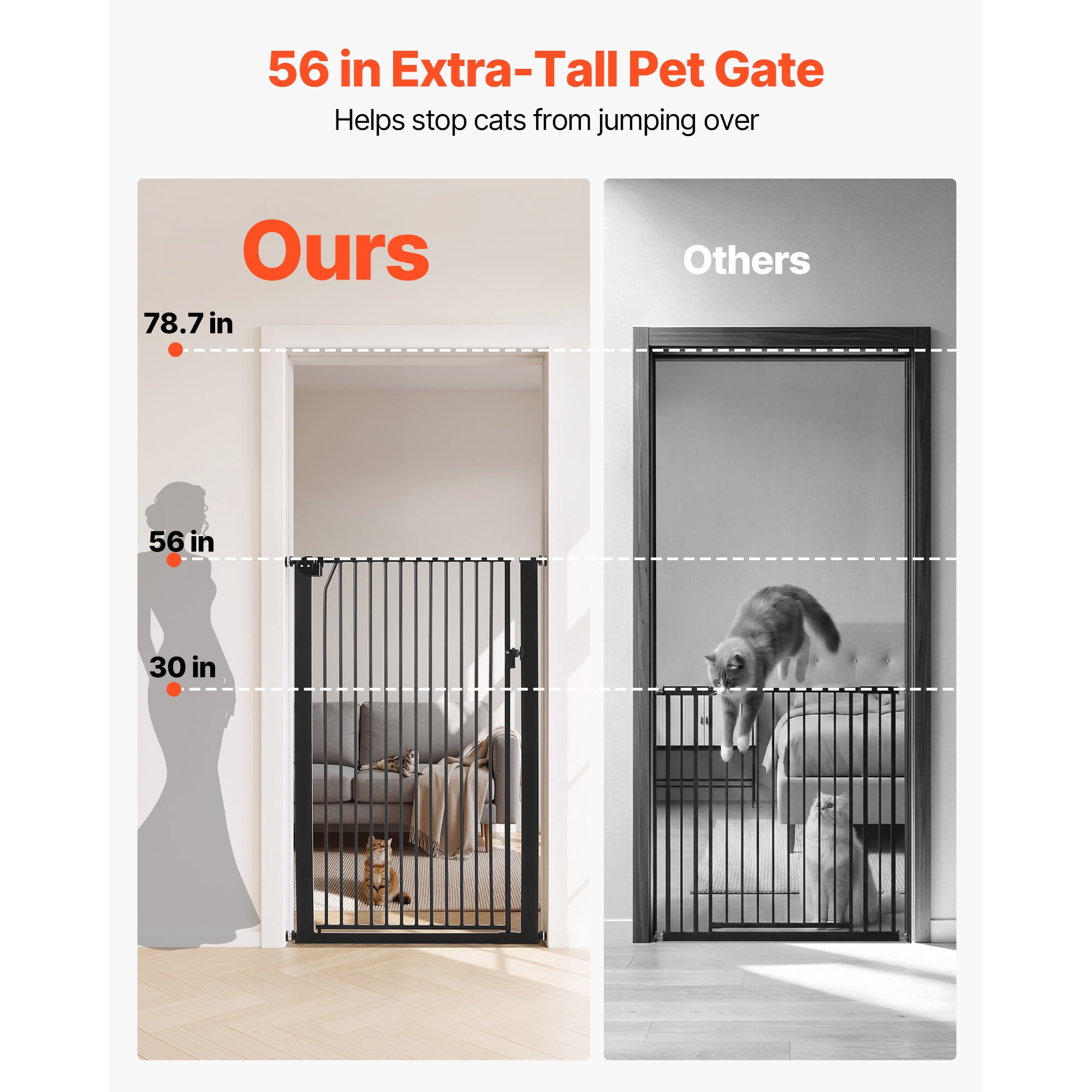 KFFKFF Extra Tall Pet Gate for Cats, Adjustable Width 29-41 in, 56 in High Dog Gate, Includes Pressure and Wall Mount Kits, 1.3 in Narrow Bar Spacing, Suitable for Stairs, Doorways,and Home Use,Black