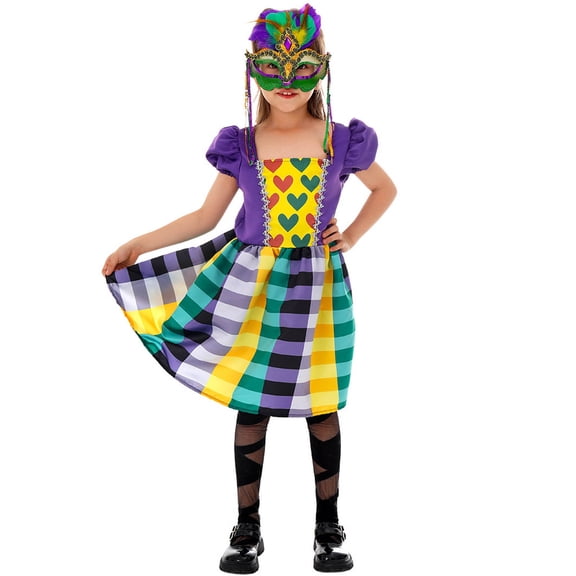 Xdegoge Mardi Gras Dresses for Girls Plaid Skirt and Mask Party Wear Fancy Dress Up Outfit for Kids