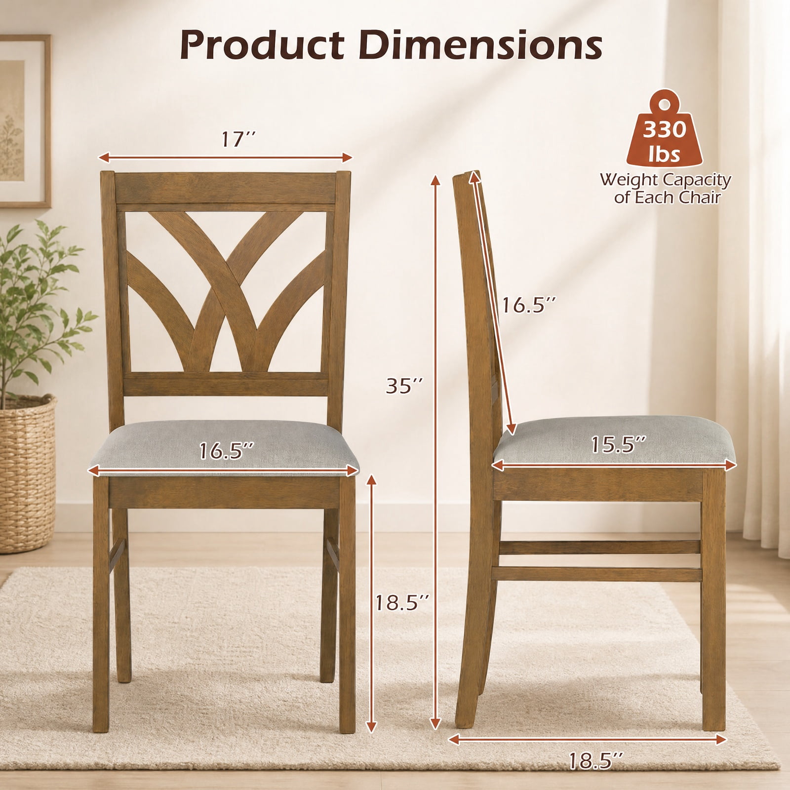 Furnibear Upholstered Wooden Dining Chairs Set of 2 with Hollowed Backrest and Padded Seats on Solid Rubber Wood Frame, Oak