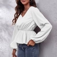 thumbnail image 3 of Blusa Cuello En V Puff Manga Larga Cintura Adelgazante Color Puro Tops De Moda Para Mujer, 3 of 5