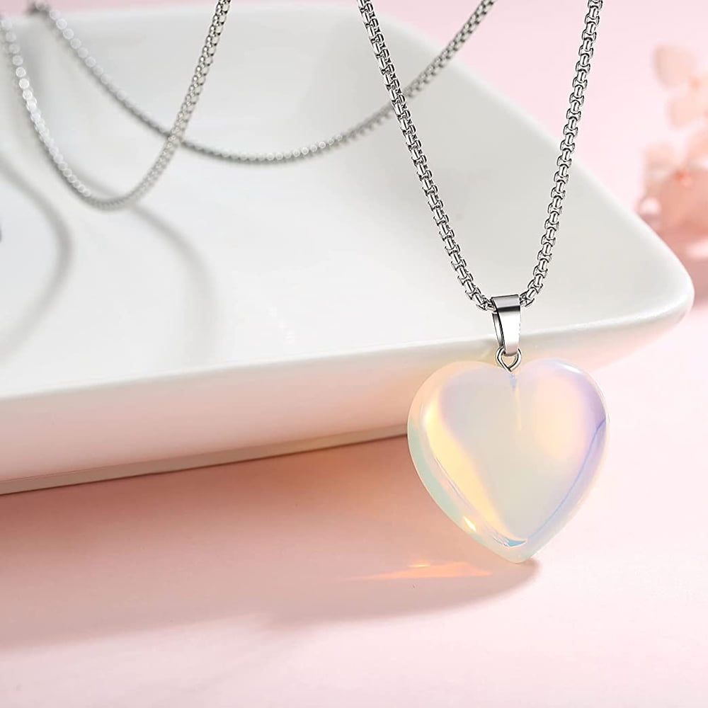 Women's Natural Gemstone Quartz Love Heart Pendant Necklace Chic Girlfriend Gift 