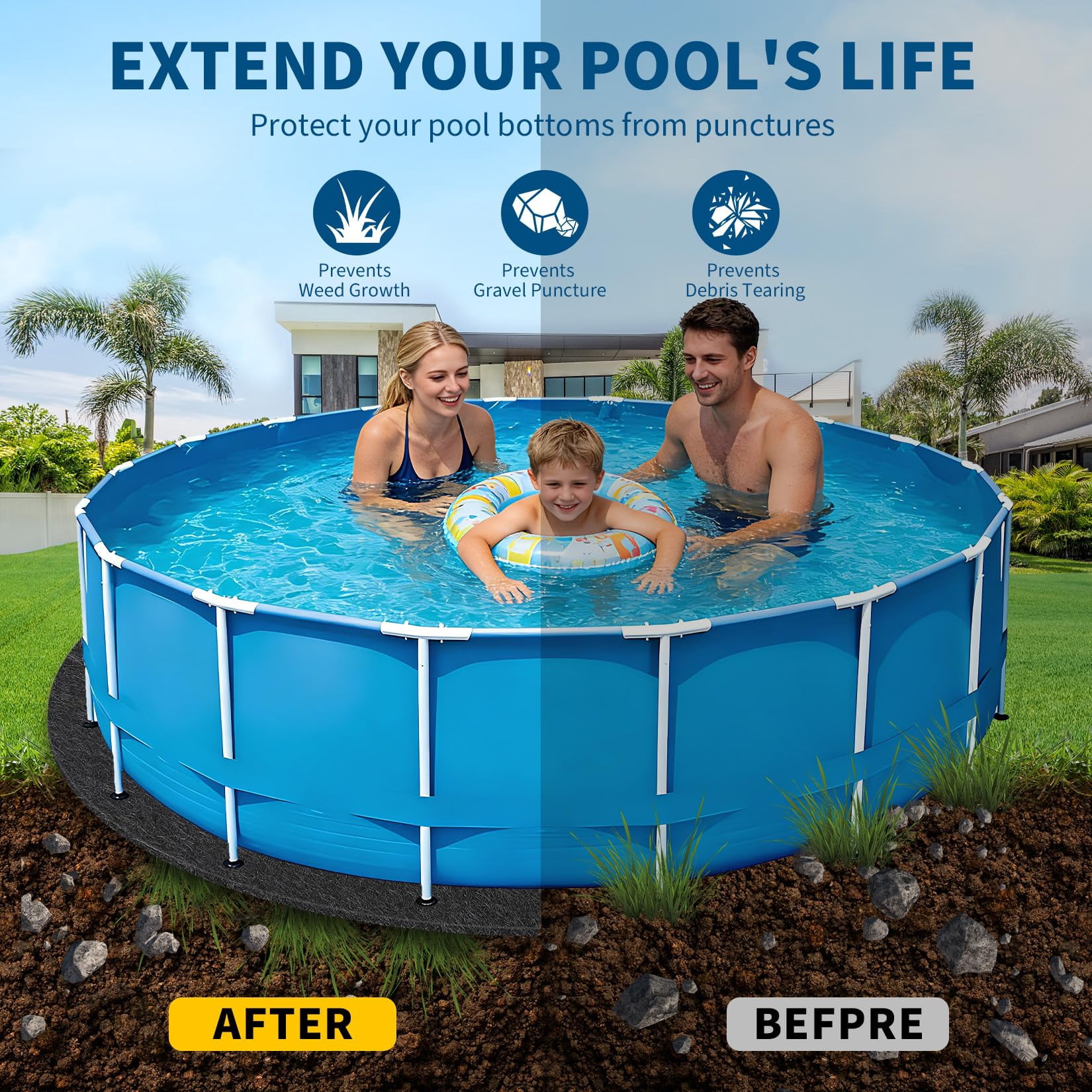 30ft Non-Woven Pool Liner Pad, Heavy Duty Geotextile Fabric for Above Ground Pools, Puncture & Weed Barrier, Eco-Friendly, Multiple Sizes for Round